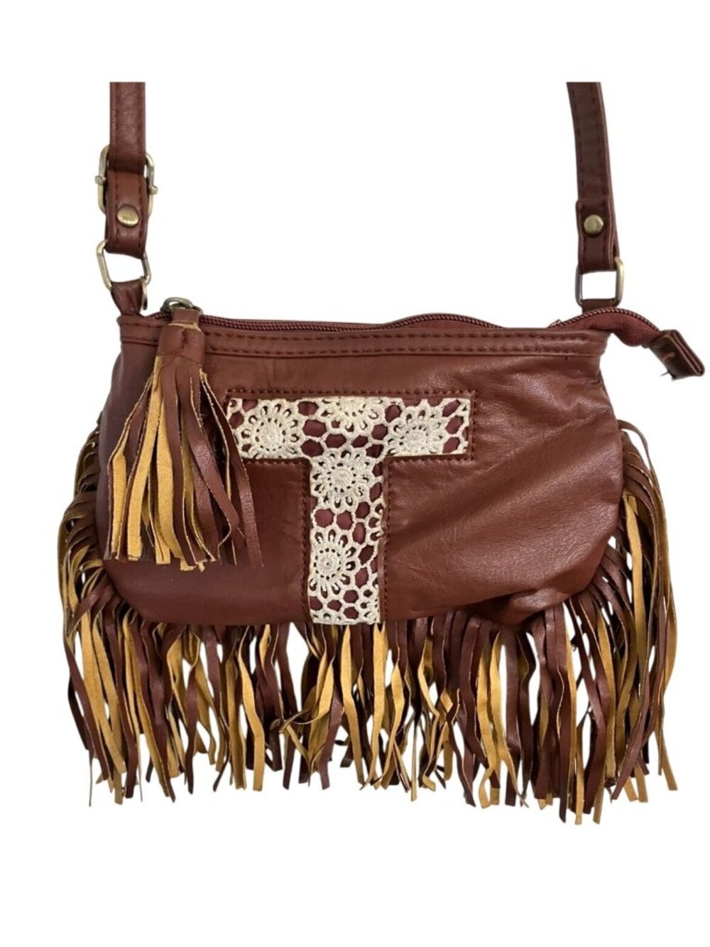 Brown Faux Leather Crossbody Bag With Fringe & Lace "T" Design By Justice